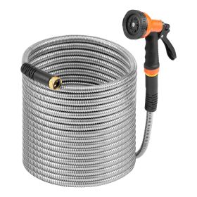 Metal Garden Hose 50 ft, Rust Proof Stainless Steel Water Hose, Heavy Duty Backyard Hose with 10 Function Nozzle, No-Kink & Flexible Water Pipe