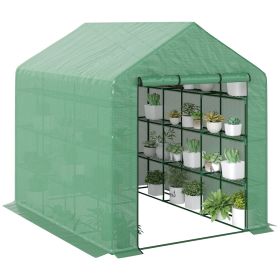8x6x7 Walk-in Greenhouse, with Roll-up Zipper Door and Windows, 18 Shelves, PE Cover, UV protective for Garden, Green