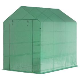 Walk-in Greenhouse 7x5x6 ft with PE Cover 3-Tier Shelves Steel Frame Roll-Up Zipper Door for Vegetables Green