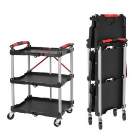 Foldable Utility Service Cart, 3 Shelf Heavy Duty Plastic Rolling Cart With Swivel Wheels 2 With Brakes, Ergonomic Handle, Portable Garage Tool C (Option: Black)